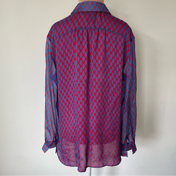 Jason Wu Miss Wu Blue Red Multi Silk Sheer Panel Long Sleeve Button Down Top 12 - Picture 3 of 9
